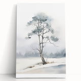 Winter tree landscape in black and white on large stretched canvas, ideal for kitchen wall art or bedroom ambiance.