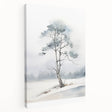 Winter landscape painting on stretched canvas, featuring muted blue and white tones, ideal for kitchen wall art.