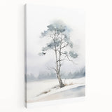 Winter landscape painting on stretched canvas, featuring muted blue and white tones, ideal for kitchen wall art.