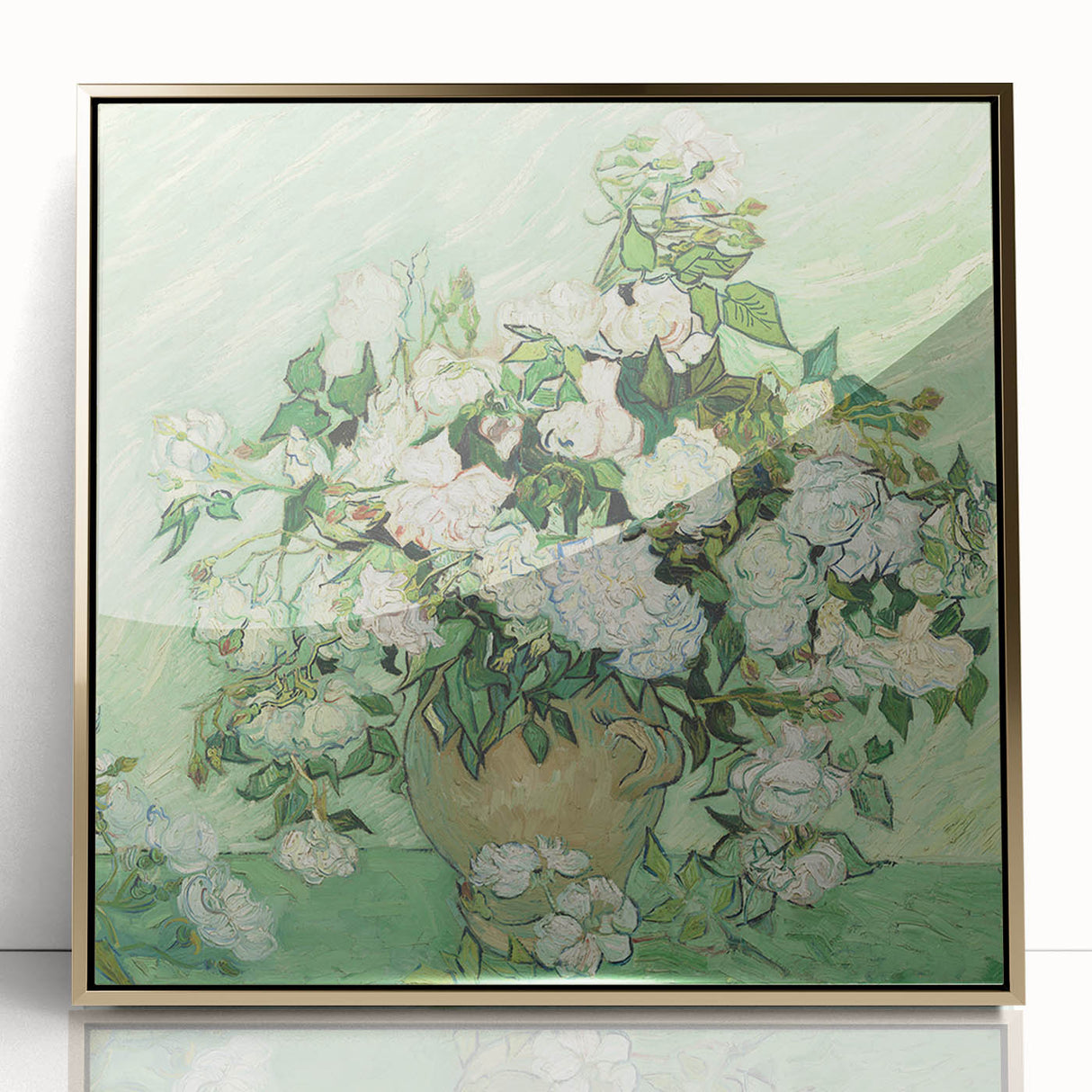 Art deco poster of a stylized Van Gogh portrait in gold and black tones on acrylic, ideal for modern art wall decor.