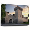 Acrylic glass artwork showcasing a stunning landscape with a medieval castle, displayed from a side view. The vivid colors and intricate details highlight the enchanting scenery, making it a perfect addition to any home decor.