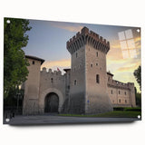 Acrylic glass artwork showcasing a stunning landscape with a medieval castle, displayed from a side view. The vivid colors and intricate details highlight the enchanting scenery, making it a perfect addition to any home decor.