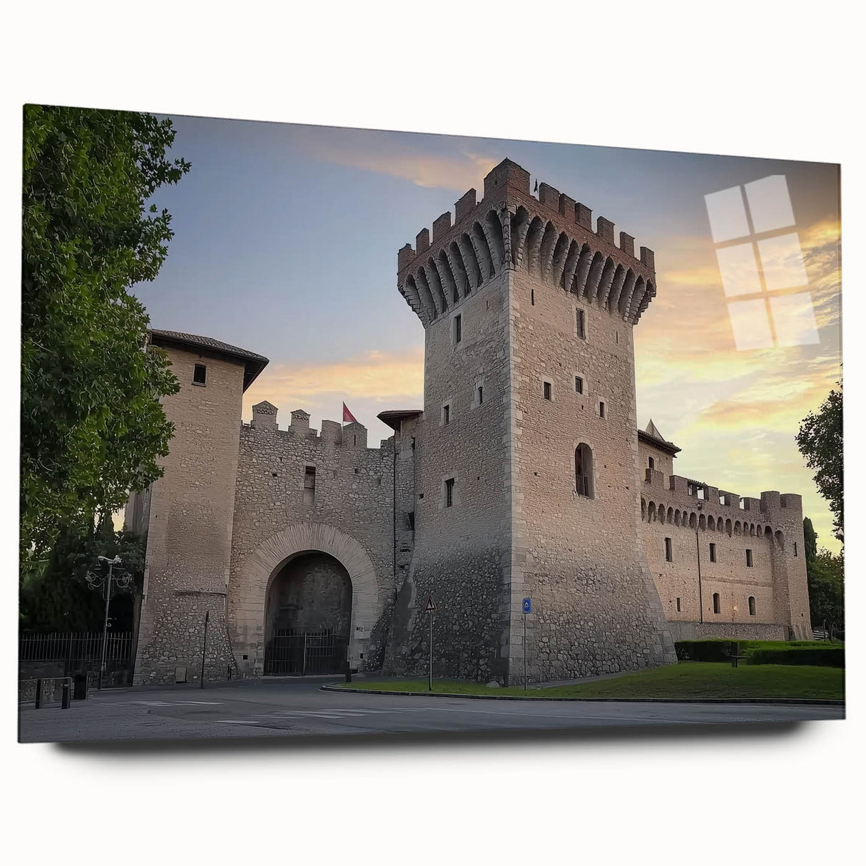 Acrylic glass artwork showcasing a stunning landscape of a castle surrounded by lush greenery, viewed from the side, designed for elegant home decor.