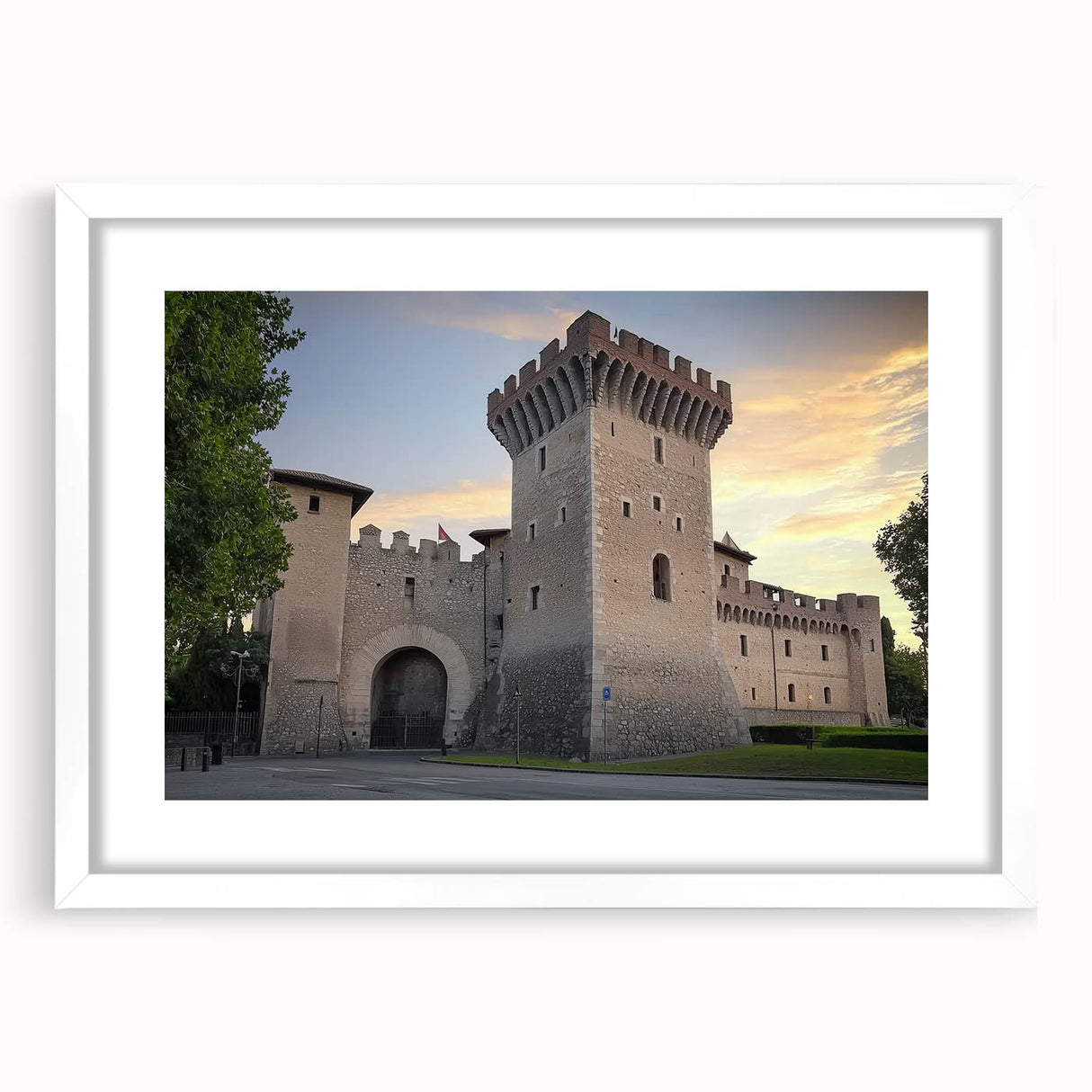 Elegant white-framed landscape artwork depicting a serene castle surrounded by lush greenery, perfect for enhancing home decor with a touch of sophistication.