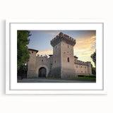 Elegant white-framed landscape artwork depicting a serene castle surrounded by lush greenery, perfect for enhancing home decor with a touch of sophistication.