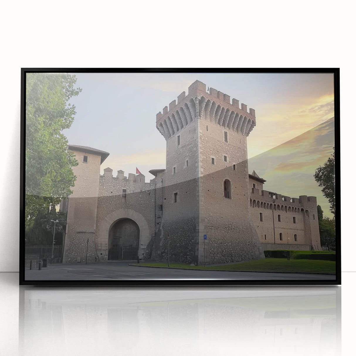 Framed acrylic artwork showcasing a vibrant landscape with a majestic castle, set against a lush green backdrop, featuring a sleek black frame for modern decor.