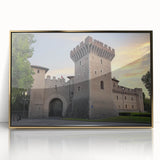 Framed acrylic artwork showcasing a stunning landscape with a majestic castle, set against a vibrant blue sky, featuring ornate gold accents for an elegant touch.