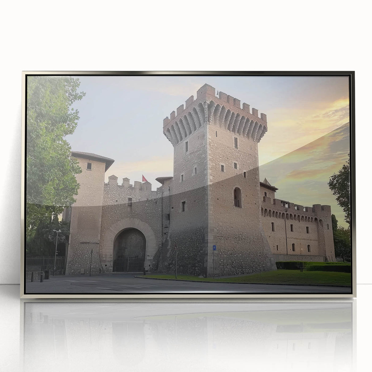 Framed acrylic artwork showcasing a stunning landscape with a castle, highlighted by a silver border. Perfect for adding elegance to any home decor.