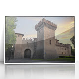 Framed acrylic artwork depicting a serene landscape with a majestic castle, set against a vibrant blue sky, ideal for enhancing home decor.