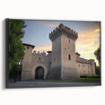 Framed canvas artwork showcasing a picturesque landscape with a castle, featuring a black frame and side view. Ideal for enhancing home décor with a touch of elegance.