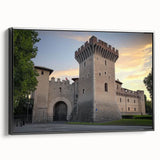 Framed canvas artwork showcasing a picturesque landscape with a castle, featuring a black frame and side view. Ideal for enhancing home décor with a touch of elegance.