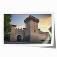 Rolled print showcasing a vibrant landscape of a majestic castle surrounded by lush greenery, packaged securely in a durable cardboard tube for easy transport and protection.