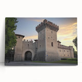 Stretched canvas artwork depicting a picturesque landscape with a majestic castle surrounded by lush greenery and a vibrant blue sky, perfect for home decor.