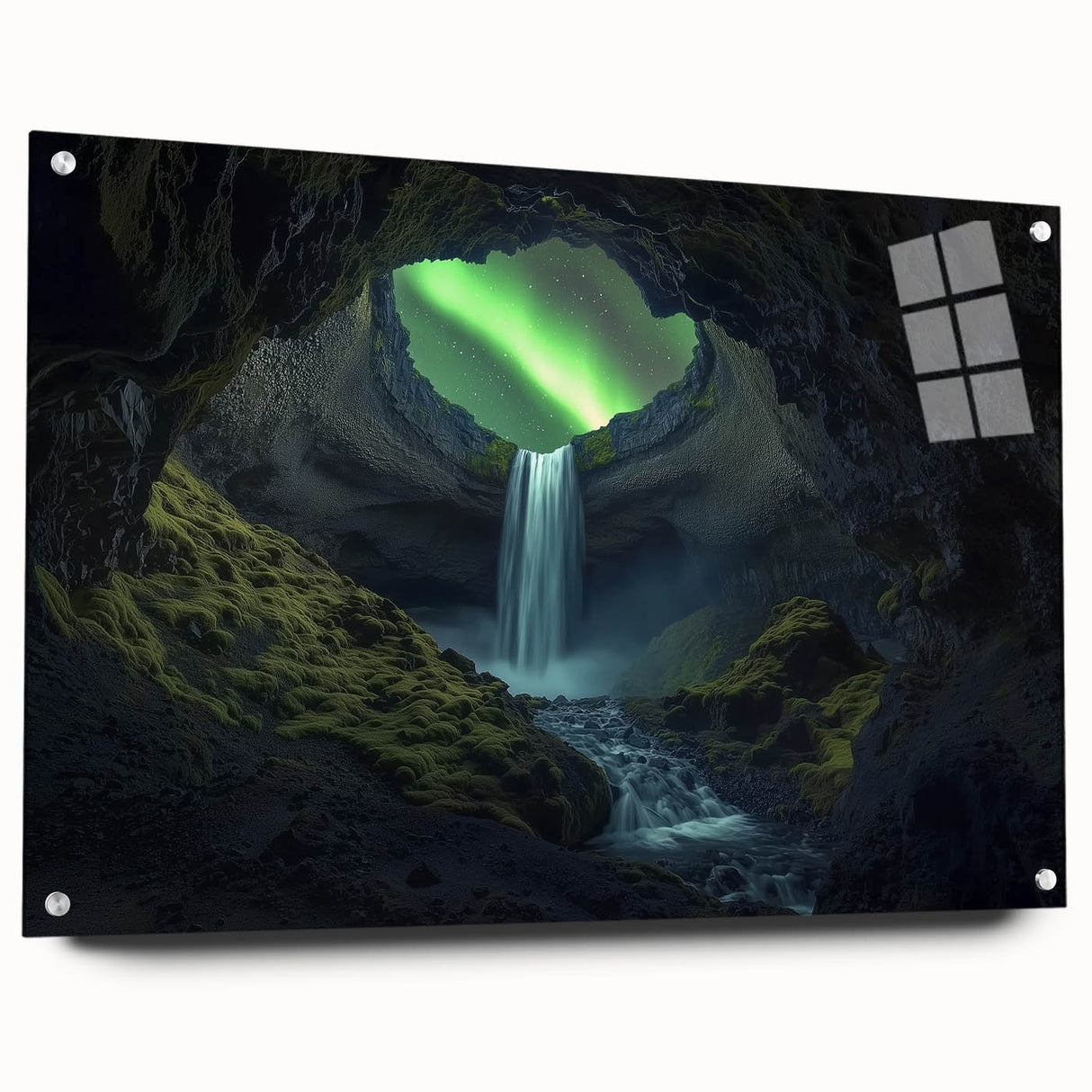 Acrylic and glass side view of a stunning landscape cave artwork, showcasing vibrant colors and intricate details, mounted with decorative pins for display.