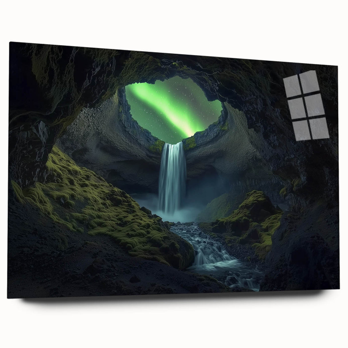 Acrylic glass artwork showcasing a stunning landscape of caves, viewed from the side, highlighting intricate details and vibrant colors, perfect for home decor.