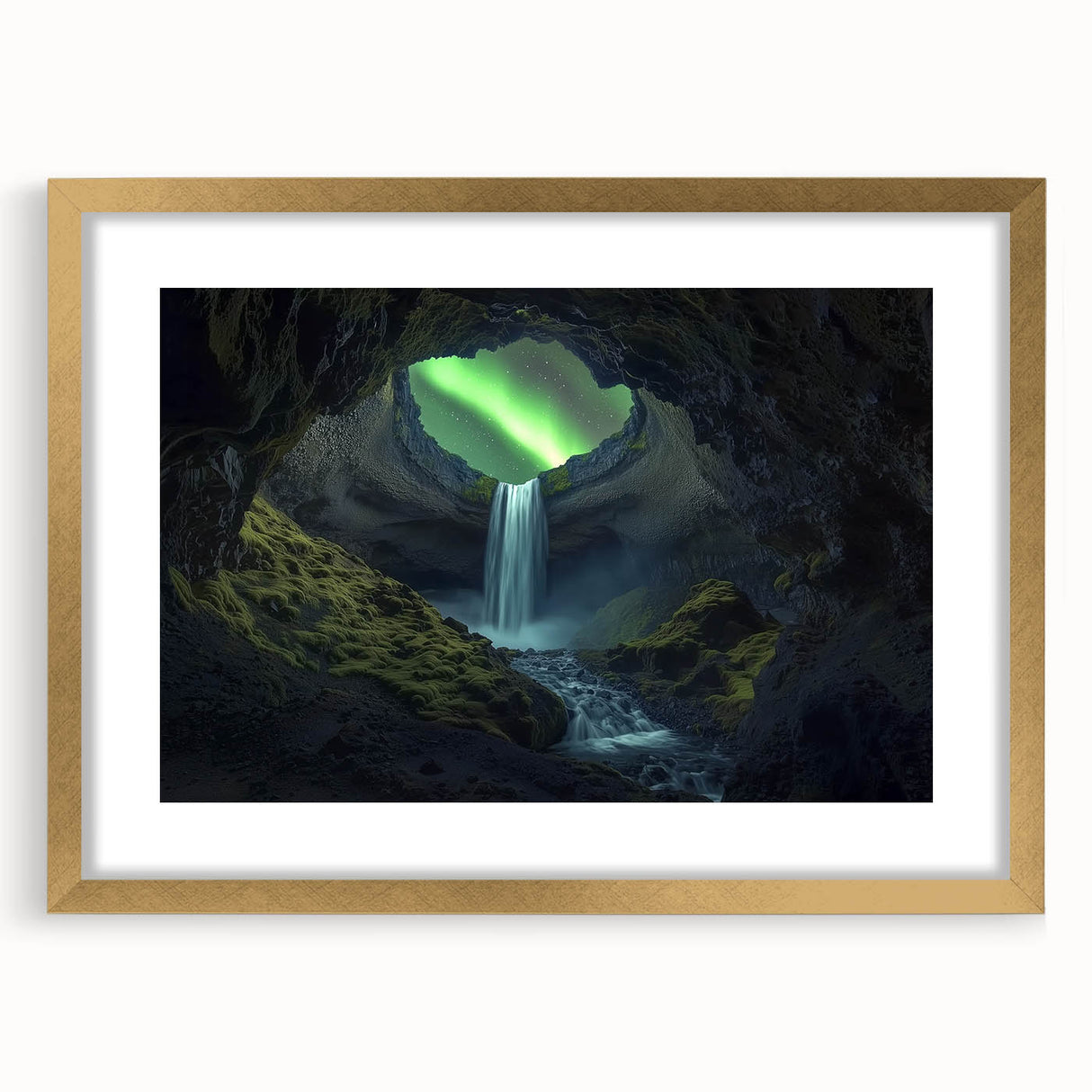 Framed landscape artwork depicting a scenic cave view, featuring a gold mat and ornate frame design, perfect for enhancing home decor aesthetics.