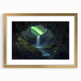 Framed landscape artwork depicting a scenic cave view, featuring a gold mat and ornate frame design, perfect for enhancing home decor aesthetics.