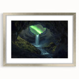 Framed landscape artwork depicting a serene cave scene in silver tones, featuring a white mat for an elegant finish, ideal for home decor.