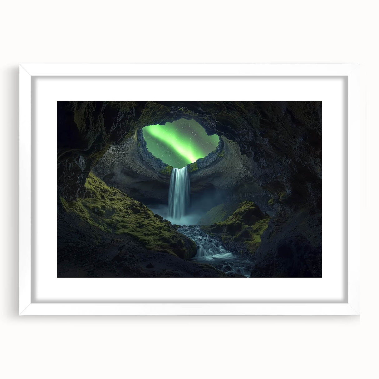 Framed landscape artwork showcasing a serene cave scene with rich colors, set against a white mat and sleek black frame, ideal for home decor.