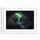 Framed landscape artwork showcasing a serene cave scene with rich colors, set against a white mat and sleek black frame, ideal for home decor.