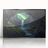 Framed acrylic artwork depicting a serene landscape with intricate cave formations, featuring silver accents that enhance the modern aesthetic, ideal for home decor.