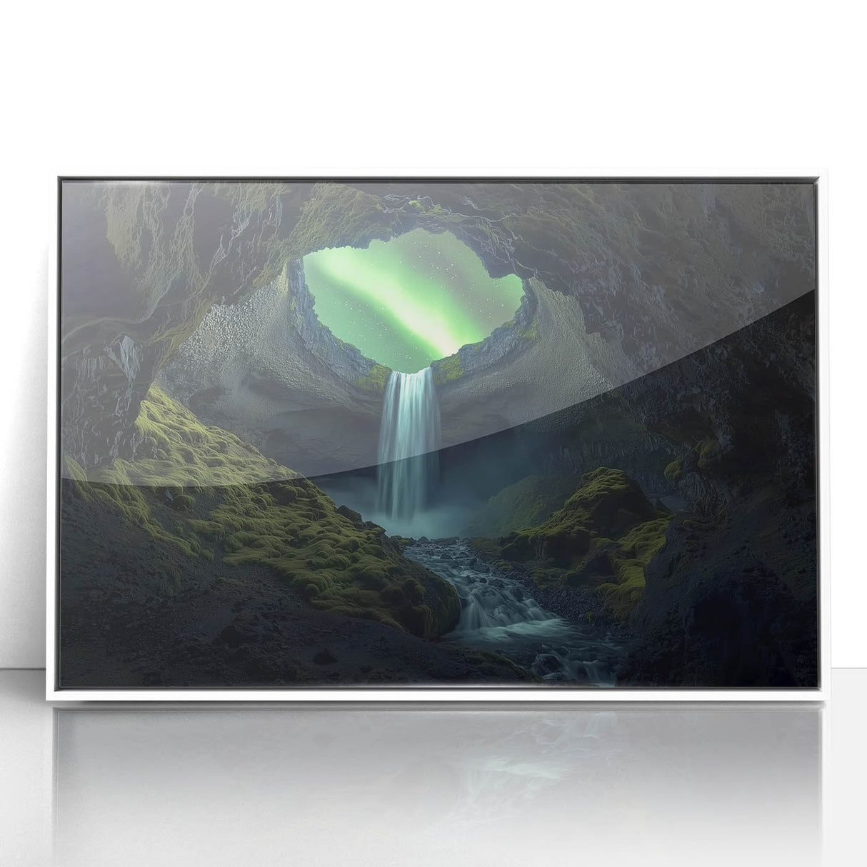 Framed acrylic artwork showcasing a stunning landscape of caves, featuring vibrant colors and intricate details, perfect for home decor or gallery display.