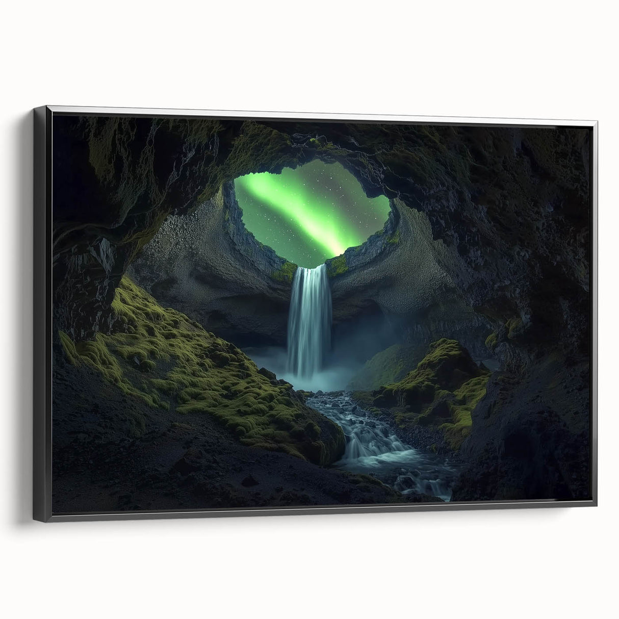 Framed canvas artwork showcasing a stunning landscape cave design in rich earthy tones. The black frame accentuates the vibrant colors, making it an eye-catching decor piece perfect for enhancing any living space.