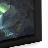 Close-up of a framed canvas artwork depicting a vibrant landscape scene with caves, showcasing intricate details and rich colors, ideal for home decor.