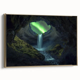Framed canvas artwork depicting a serene landscape with cave formations, featuring a golden frame and side view for elegant display in modern decor.