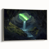 Framed canvas artwork showcasing a stunning cave landscape with intricate details, featuring a silver frame that adds elegance to the modern decor.