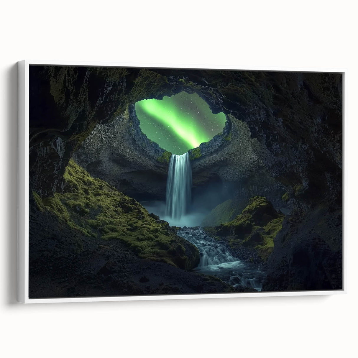 Framed canvas artwork depicting a stunning landscape featuring caves, presented in a sleek white frame, ideal for enhancing home decor with natural beauty.
