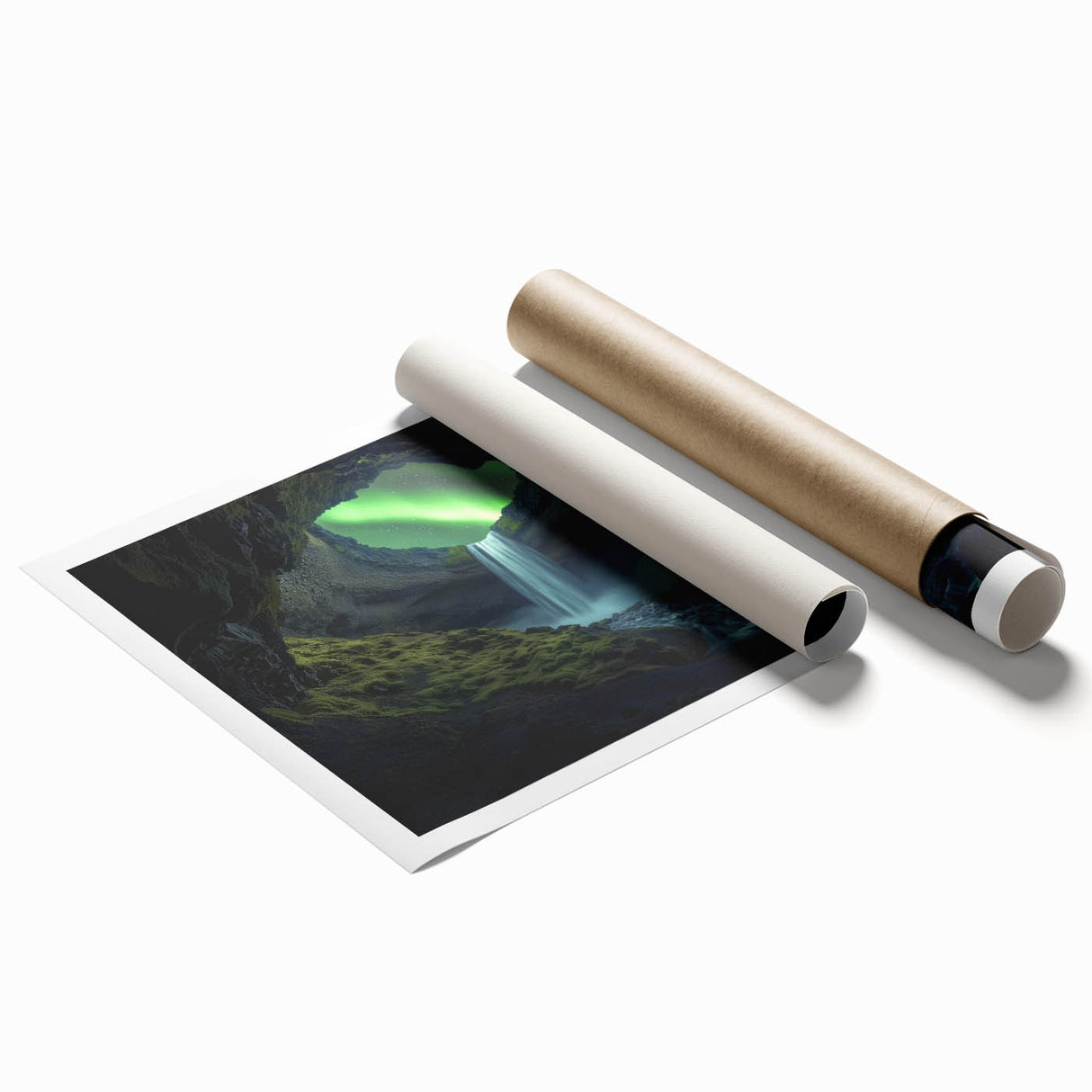 Beautifully designed rolled print showcasing an intricate landscape of caves, featuring earthy tones and detailed textures, ideal for home decor or artistic display.