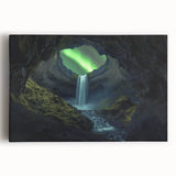 Stretched canvas artwork depicting a serene landscape with intricate cave formations, featuring earthy tones and textures, ideal for enhancing home decor.