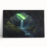Stretched canvas artwork showcasing a vibrant landscape with intricate cave details, leaning against a neutral wall, perfect for home decor enthusiasts.