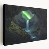 Stretched canvas art depicting a stunning cave landscape with intricate rock formations, showcasing earthy tones of brown and grey, perfect for nature-inspired decor.