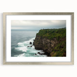 Elegant silver-framed landscape artwork depicting dramatic cliffs against a vibrant sky, showcasing intricate details and a sophisticated mat finish, perfect for home decor.