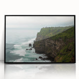 Framed acrylic artwork showcasing a stunning landscape of cliffs, featuring vibrant colors and intricate details, presented in a sleek black frame for modern decor.