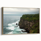 Framed canvas artwork showcasing a stunning landscape of dramatic cliffs, accented with a gold frame, perfect for enhancing modern home decor.