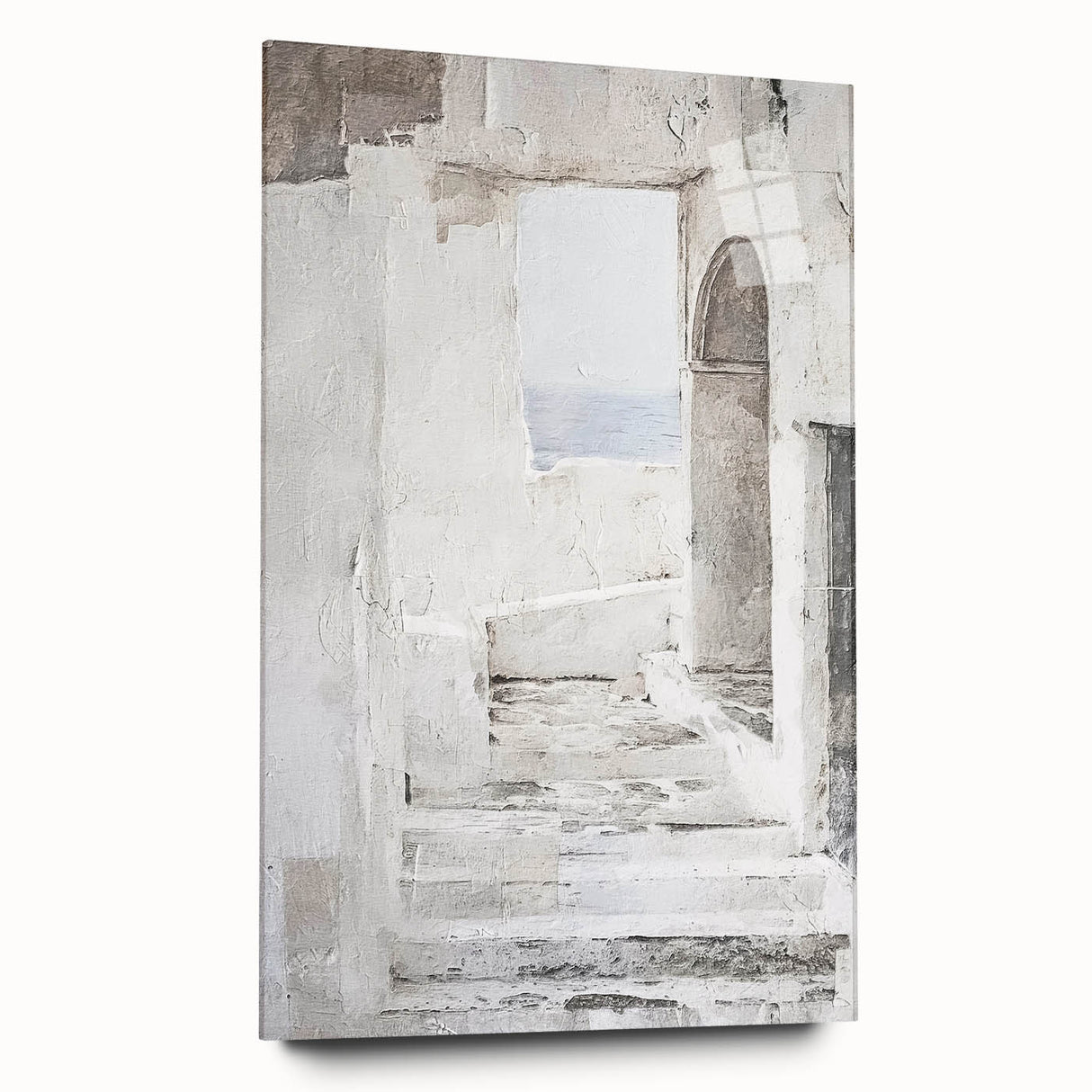 Abstract architecture wall art displayed in a side view, featuring vibrant colors and geometric shapes on acrylic glass, perfect for modern home decor.