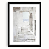 Abstract architecture wall art featuring geometric shapes in a black frame with a white mat, ideal for modern decor. Perfect for enhancing interior aesthetics.