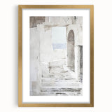 Abstract architectural wall art framed with a gold mat, showcasing intricate geometric patterns in neutral tones, perfect for modern home decor.