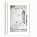 Abstract architectural wall art featuring geometric shapes and modern design, framed with a white mat for elegance, perfect for contemporary interiors.