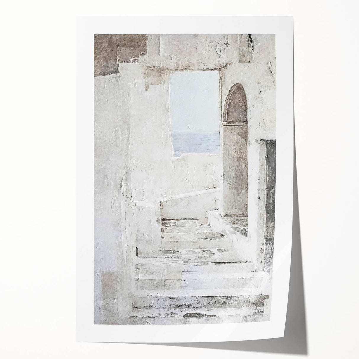 Abstract architecture wall art print showcasing geometric shapes in a blend of blue and gold tones, rolled and ready for display, ideal for modern decor.