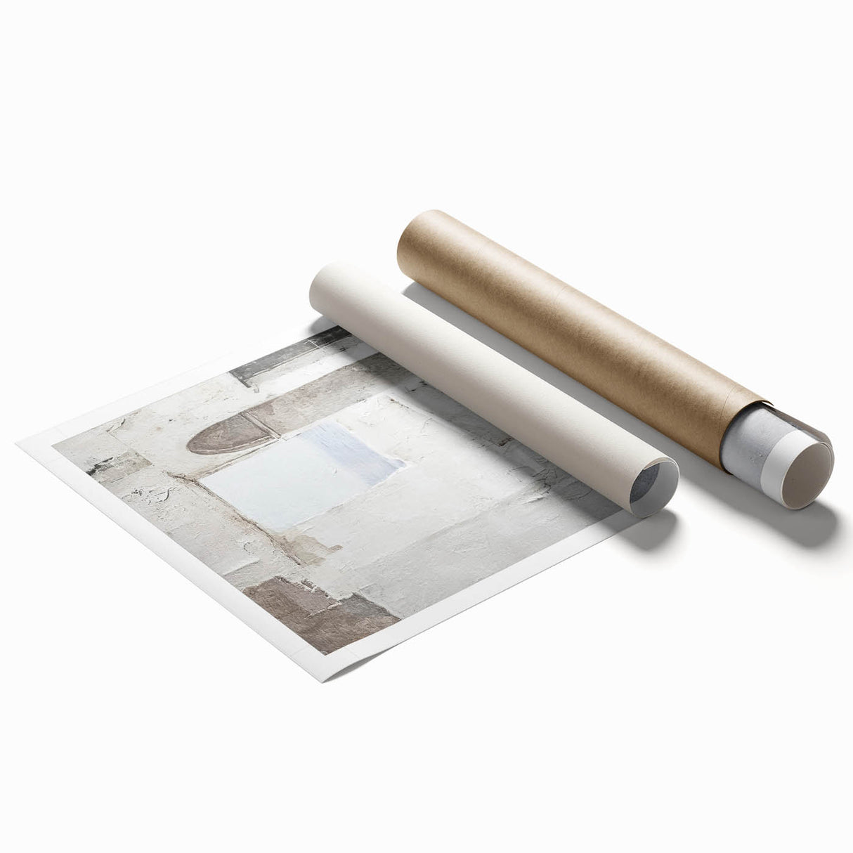 Abstract architectural wall art print showcasing dynamic geometric shapes and vibrant colors, rolled for shipping in a protective cardboard tube. Ideal for modern home decor.