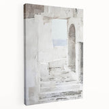 Abstract architectural wall art design printed on stretched canvas, showcasing geometric shapes in vibrant colors, ideal for modern home decor.