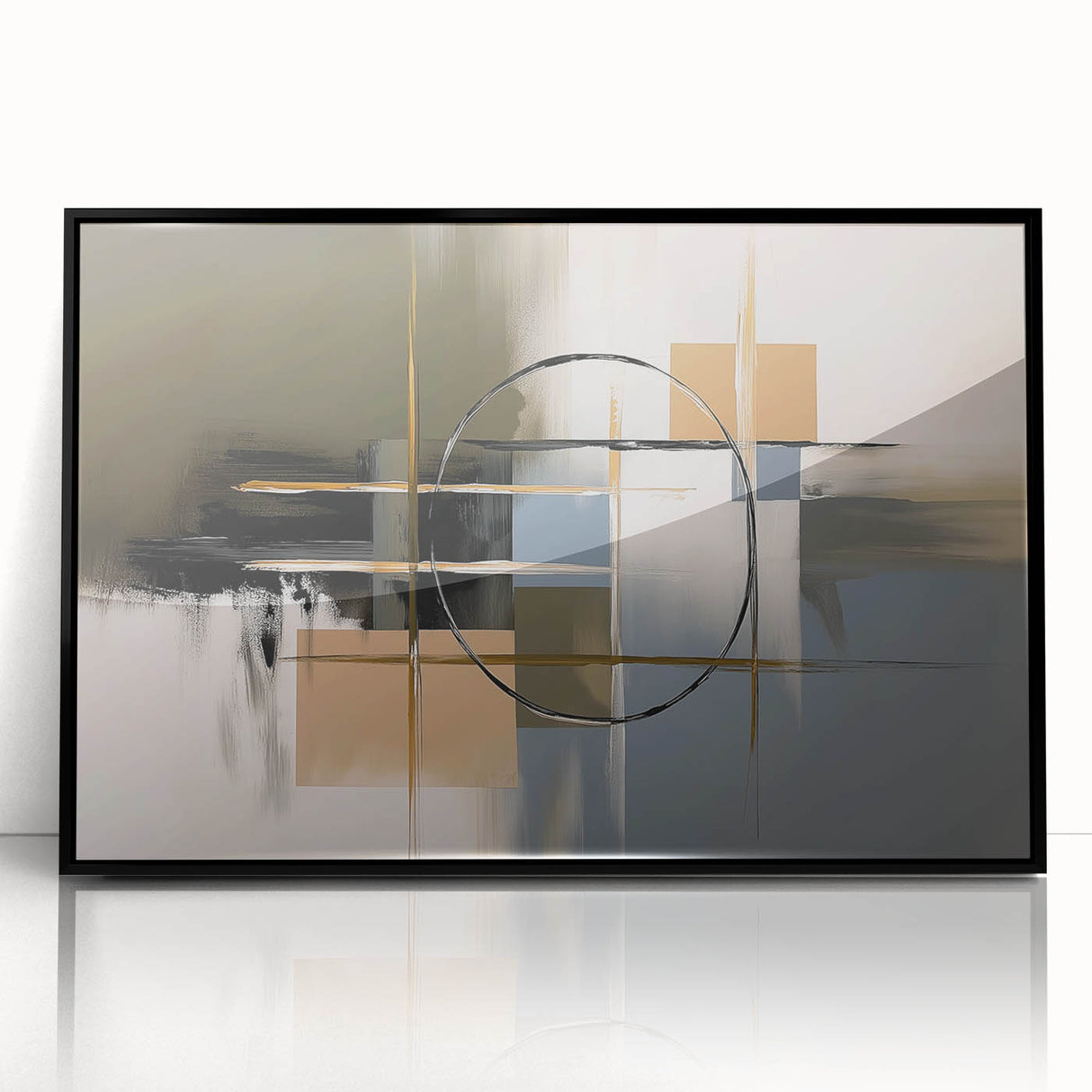 Framed acrylic artwork showcasing a bold abstract geometric design in black tones, perfect for modern home decor. Ideal for adding a contemporary touch to living spaces or offices.