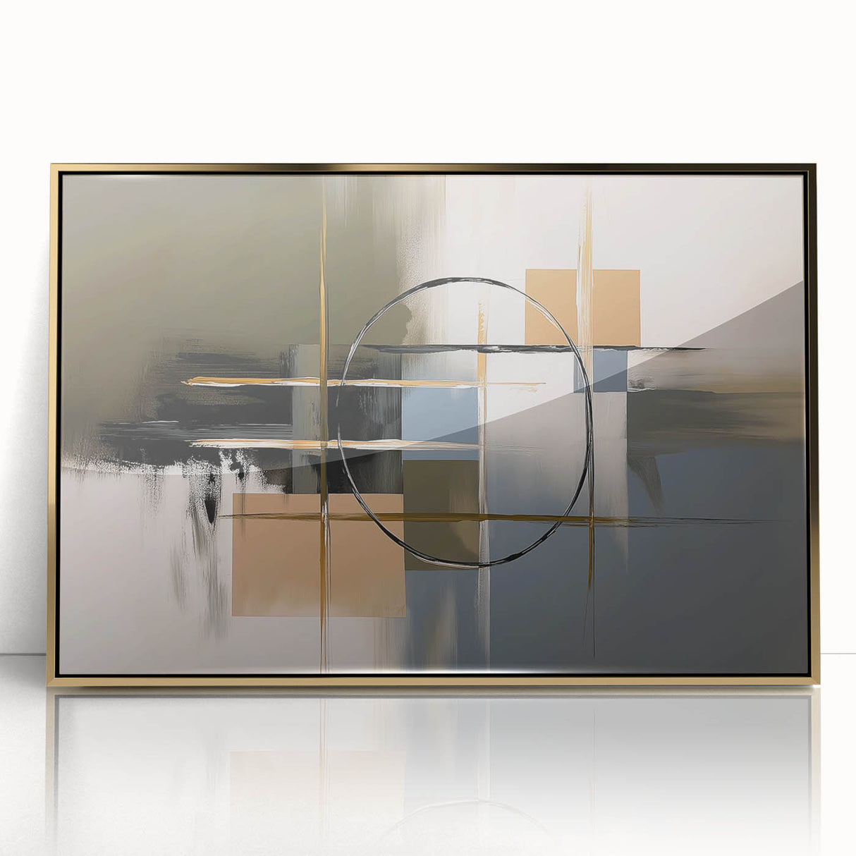 Abstract geometric framed acrylic art piece with gold accents, showcasing intricate shapes against a textured background, perfect for modern home decor.