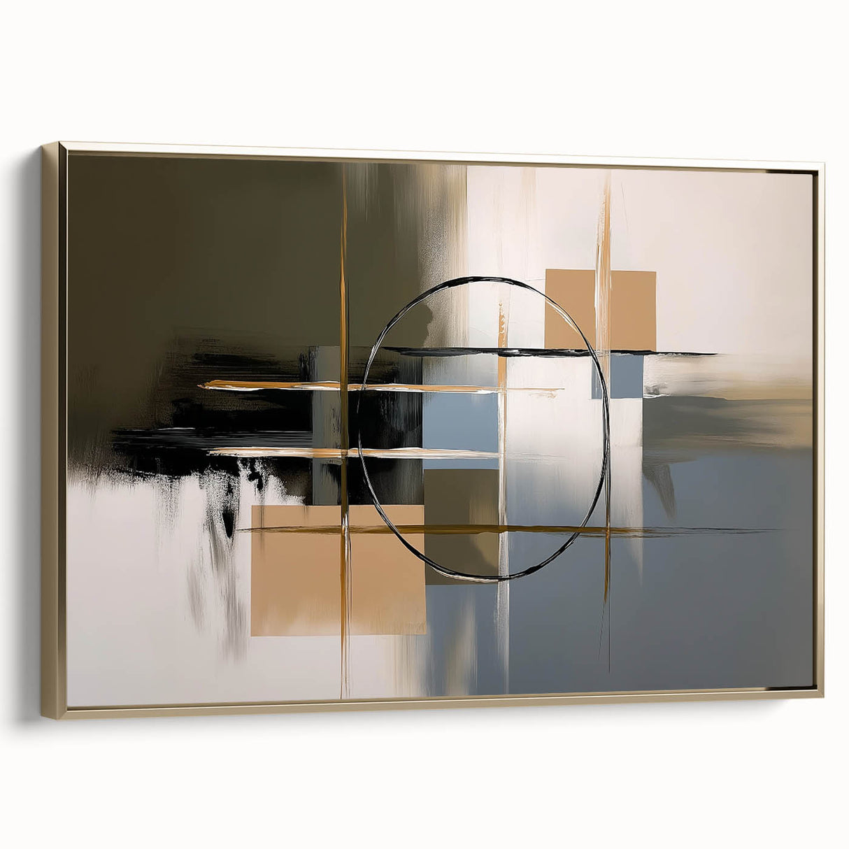 Abstract geometric framed canvas artwork with a gold frame, showcasing a modern design featuring sharp angles and vibrant colors, perfect for contemporary decor.