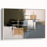 Framed geometric abstract canvas art in white and gold tones, showcasing a modern design with sharp angles and clean lines, ideal for contemporary decor.