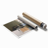 Abstract geometric rolled print showcasing vibrant colors and intricate designs, carefully packaged in a protective cardboard tube for safe delivery. Perfect for modern home decor.